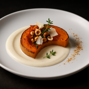 Lire la suite à propos de l’article Courge rôtie au miel, noisettes et émulsion de parmesan