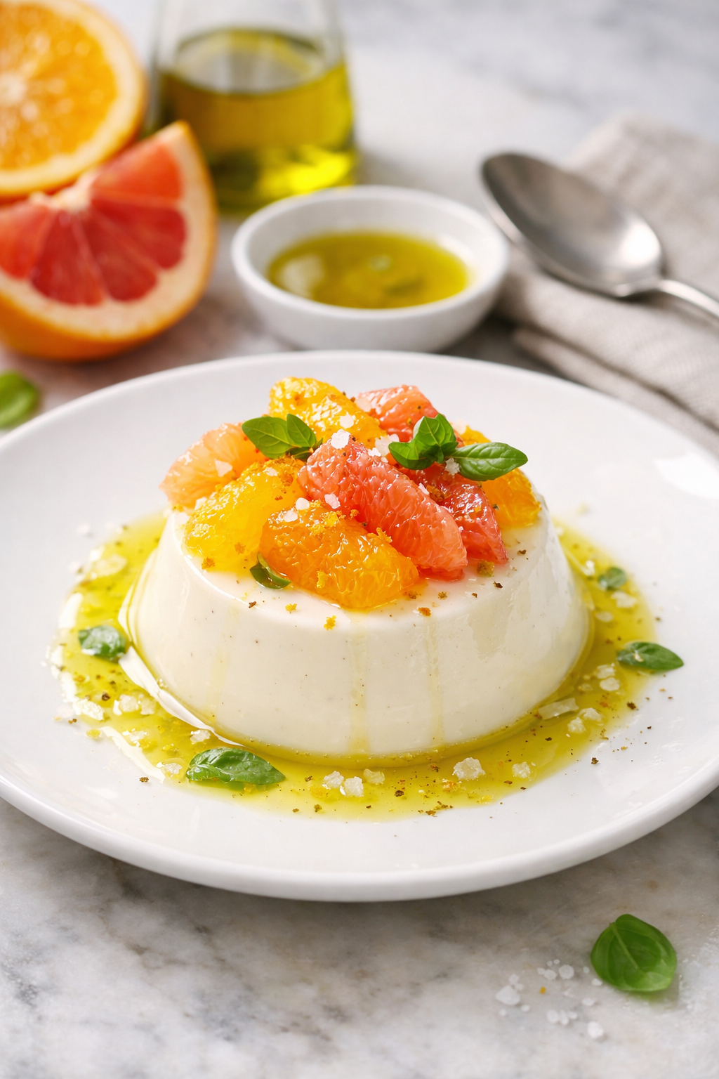 You are currently viewing Panna cotta vanille, agrumes & huile d’olive